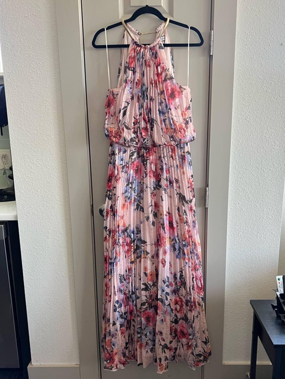 Pleated Floral Halter Maxi Dress in Blush Pink